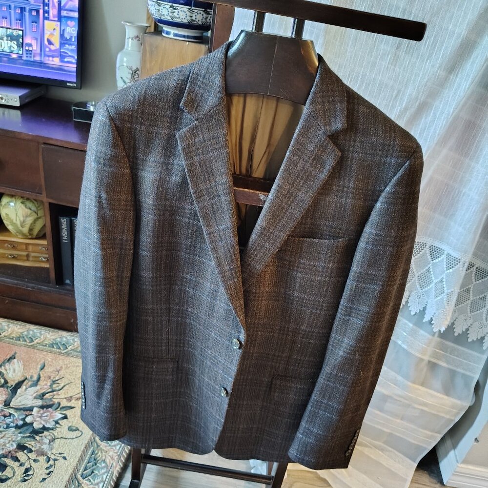 Haspel , Wool & Cashmere Blend Sports Coat Tan Plaid With Color Pop Blue, 42R